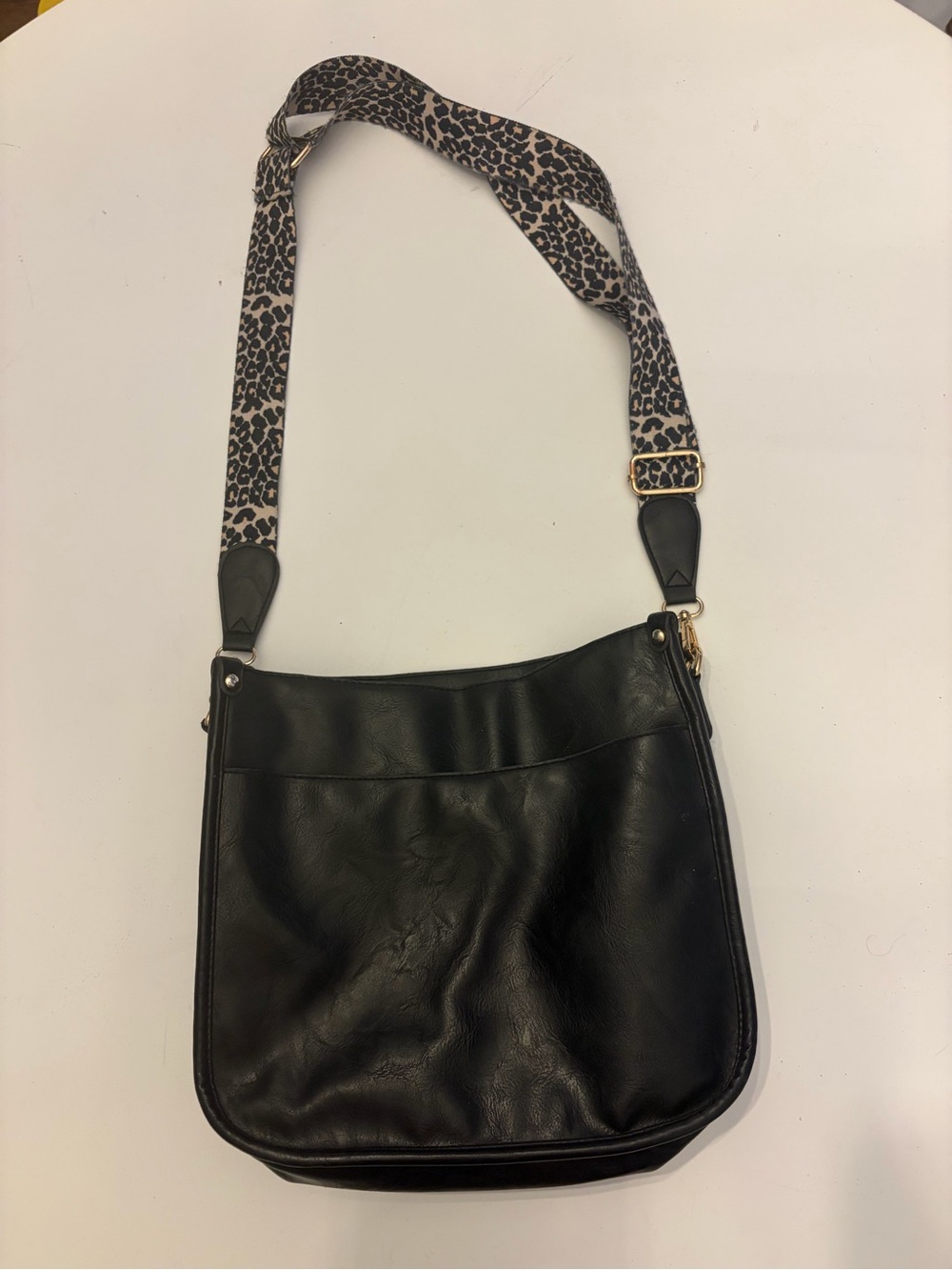Black Faux Leather Crossbody Bag with Leopard-Print Strap